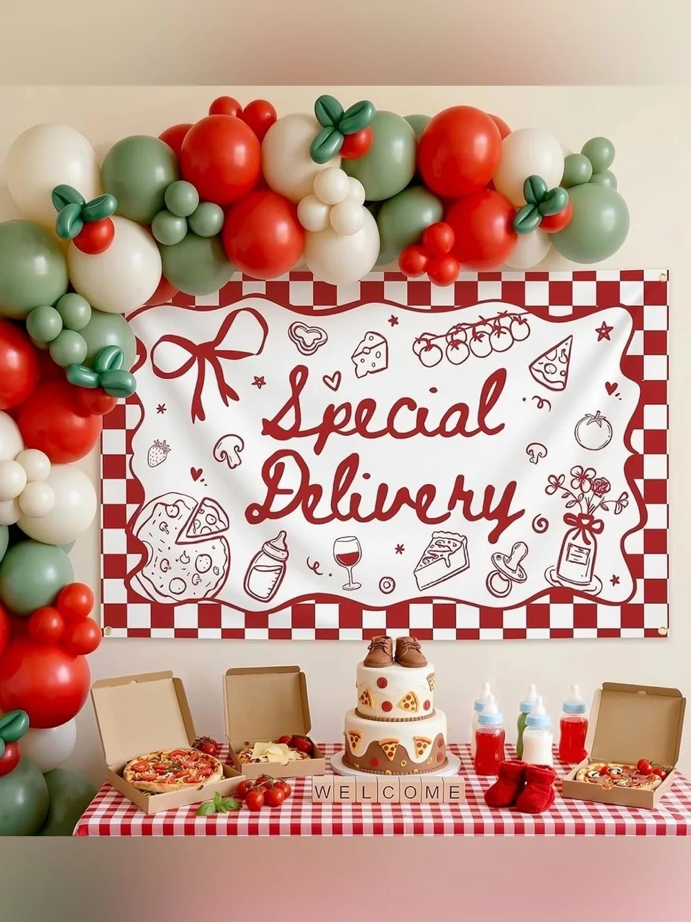 Special Delivery Red and Green Pizza Baby Shower Banner